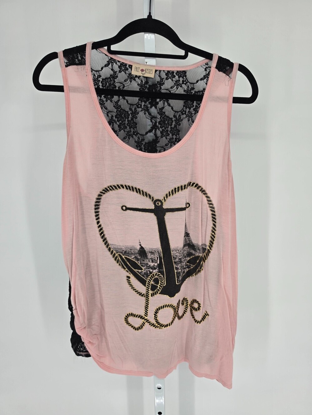 Free Kisses Womens Sz 2X Tank Top Light Pink Black Lace Love Anchor Print
